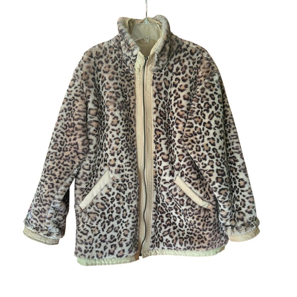 Leopard Print Faux Fur Jacket Coat Reversible Women's M Beige Oversized
